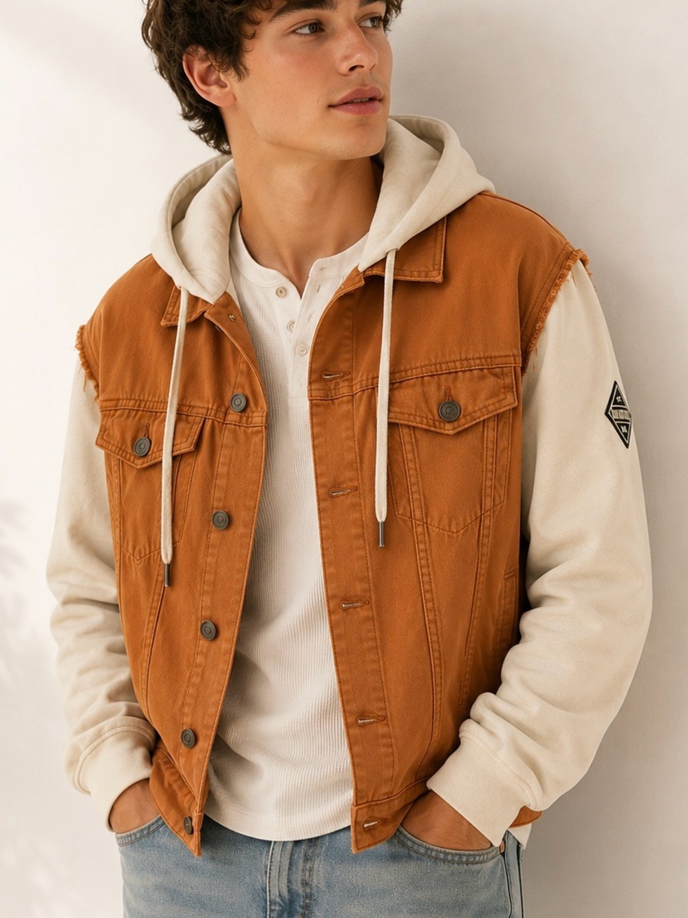 Sew In Love Rust Hooded Denim Jacket Shacket Men’s Large Frayed Size L